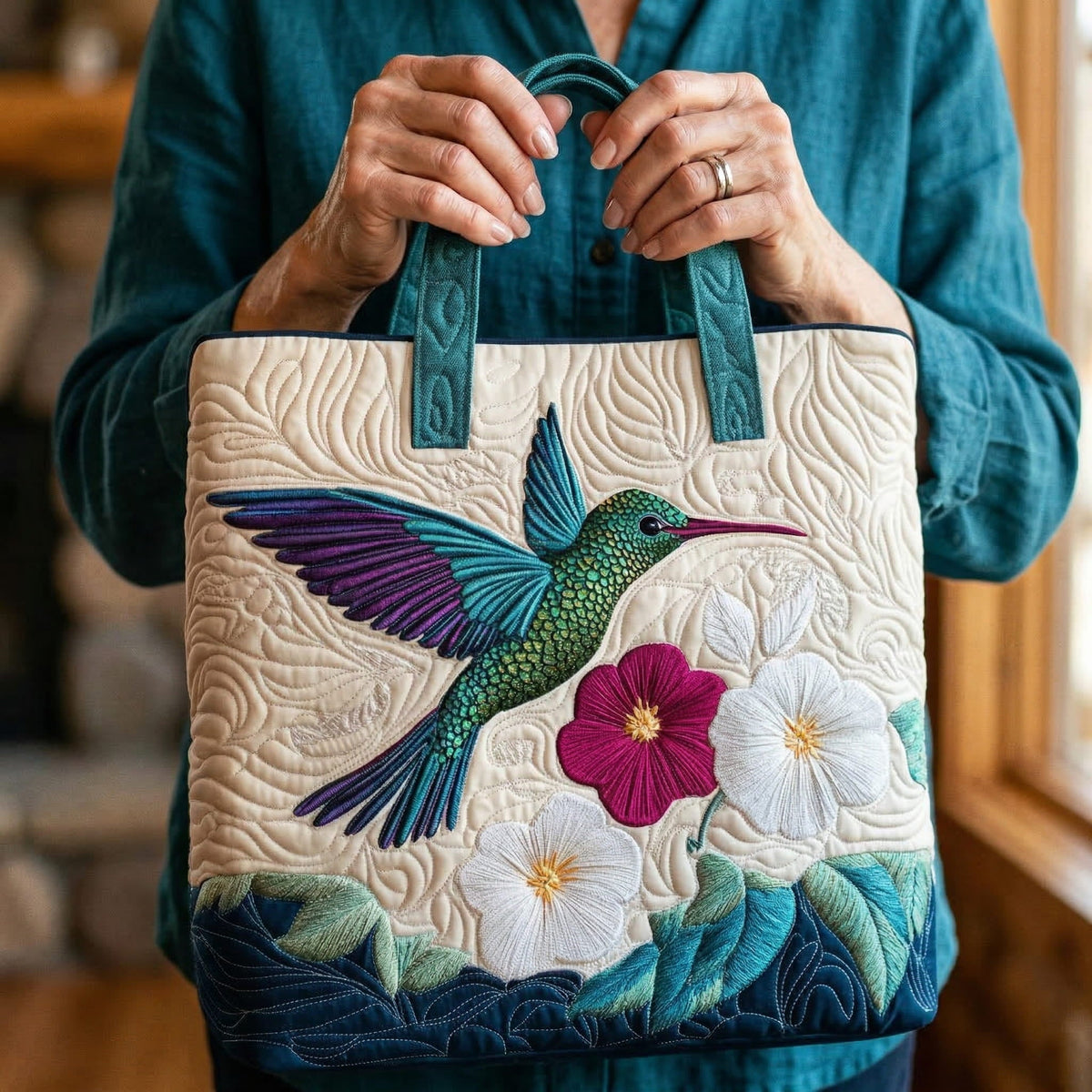 Bolso Tote Acolchado Flor Blanca