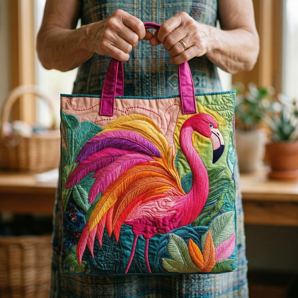 Bolso Tote Acolchado Flamingo Arcoíris
