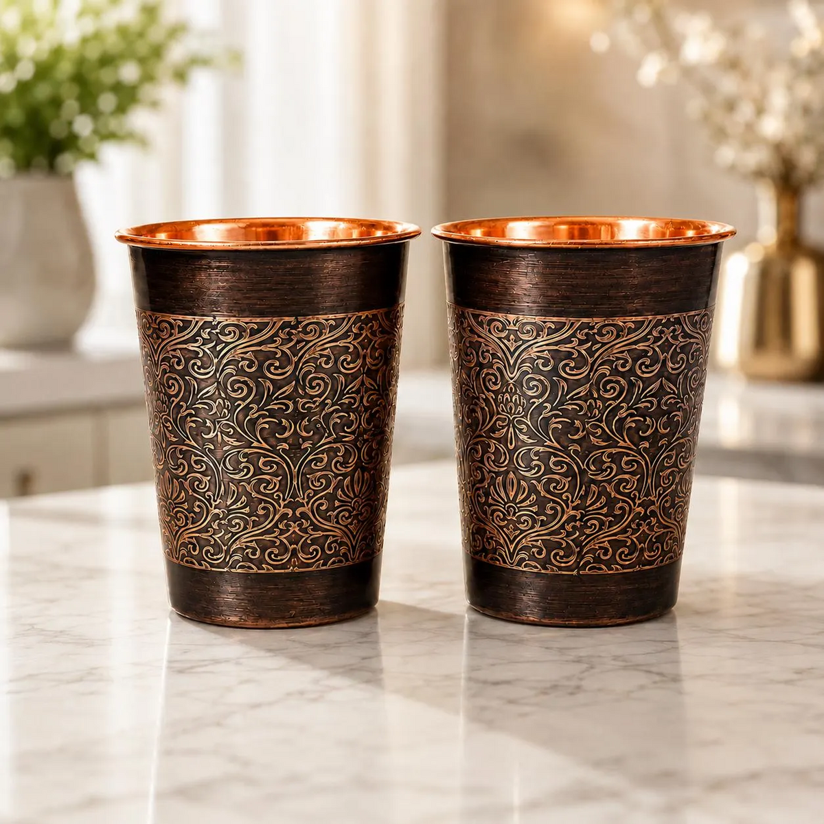 Juego de 2 Vasos de Cobre con Diseño Floral